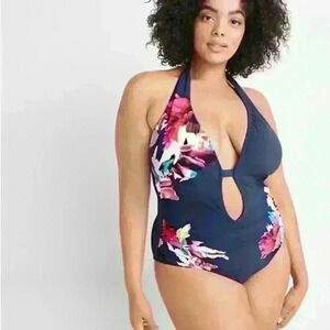 Kenneth Cole Women's Halter Plunge Mio One Piece Swimsuit 2x